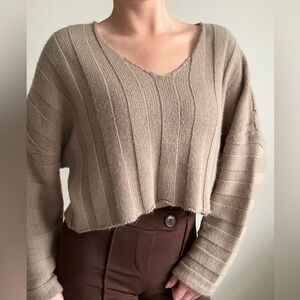 Cozy Tan V-Neck Cropped Sweater